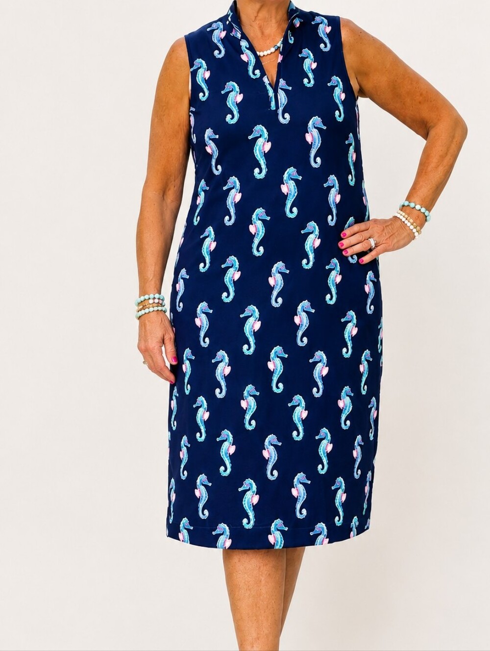 LULU B MIDNIGHT REEF MIDI SLEEVELESS 1/4 ZIP DRESS Sz Largr